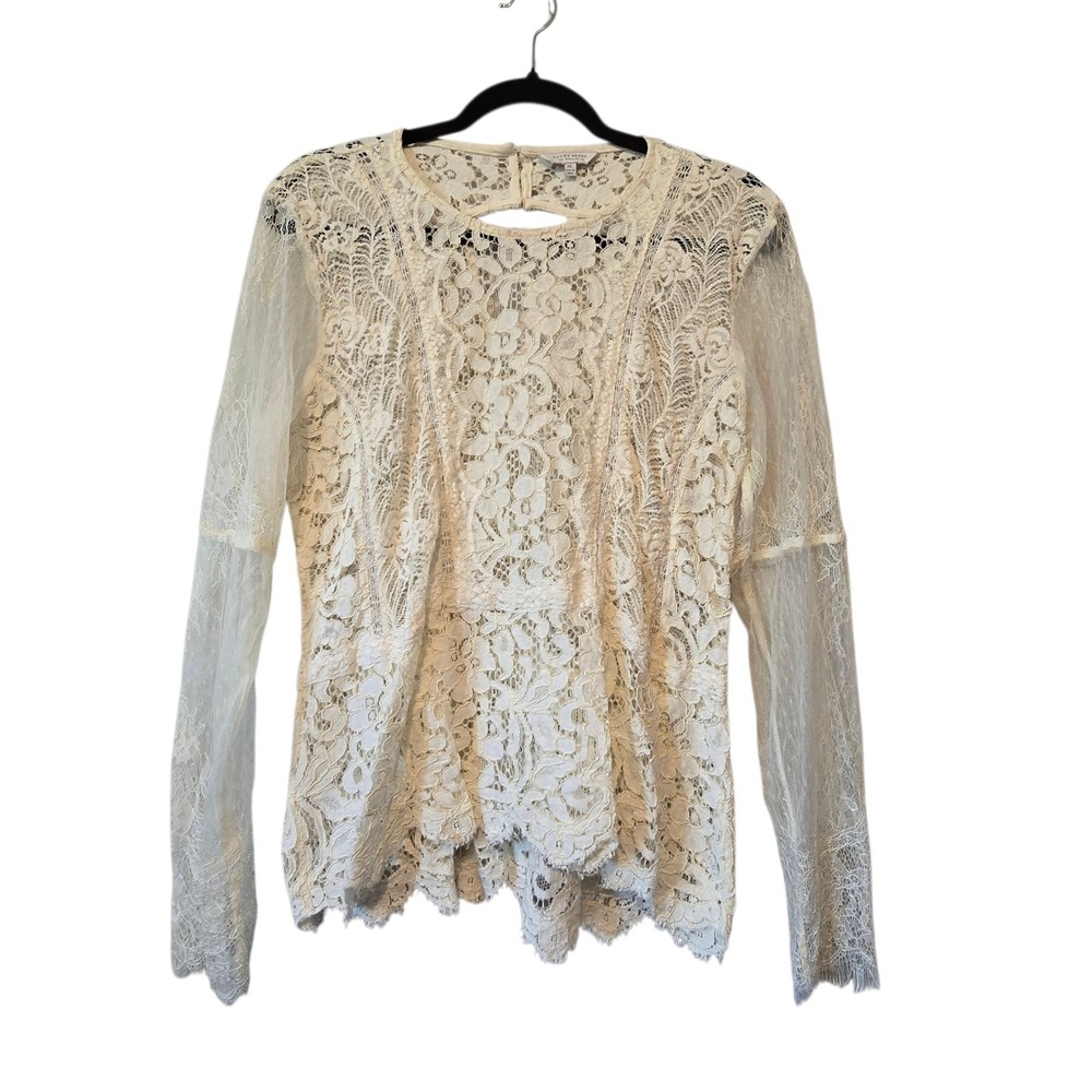 Lucky Brand Floral Lace Sheer Blouse Women's XL Ivory Victorian Boho Coquette